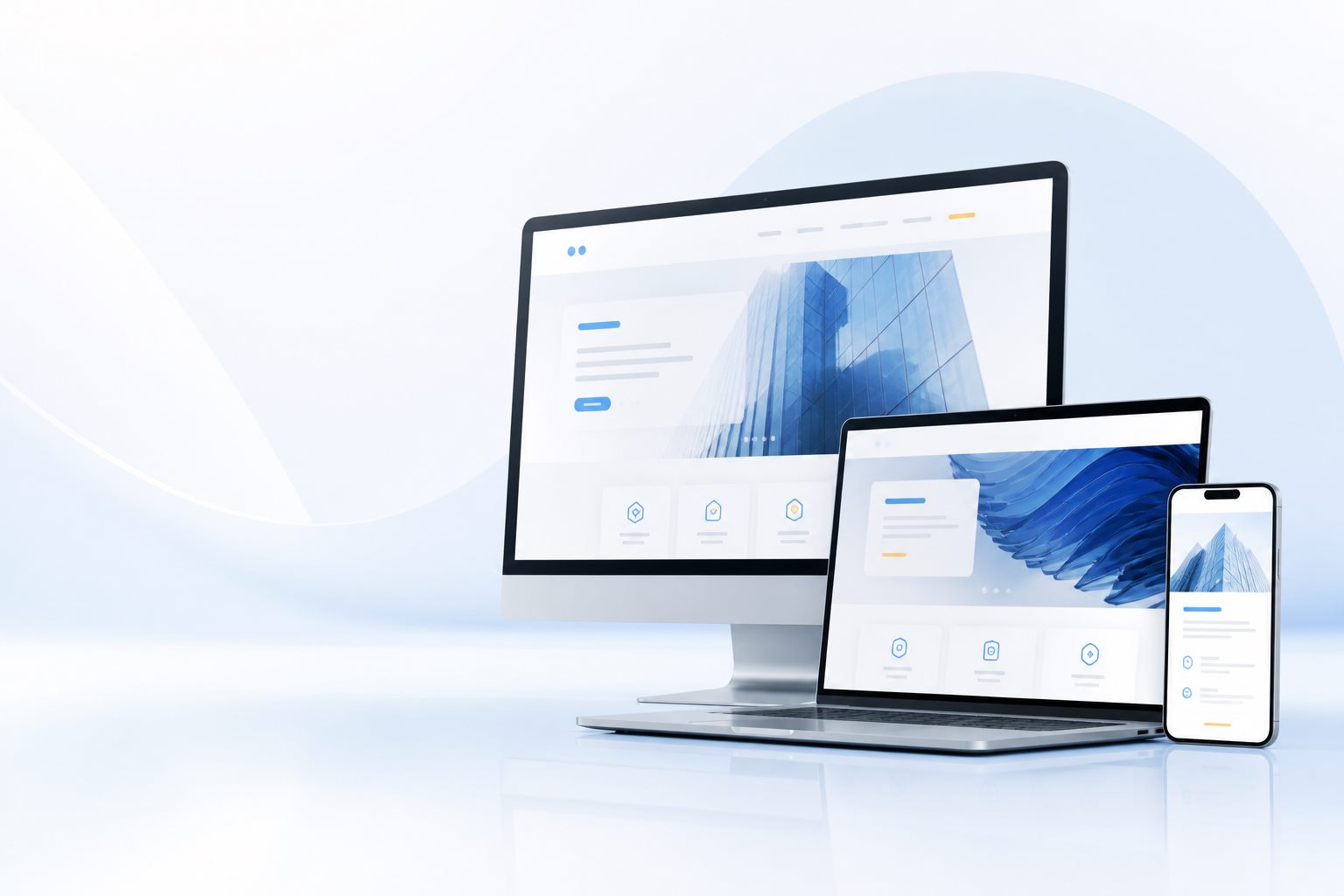 Exemplos de sites profissionais apresentados em monitor, notebook e celular